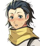  1boy ^^^ black_hair blue_eyes blush commentary hair_slicked_back joowon_(jju_oon) looking_at_viewer male_focus messy_hair mochizuki_ryouji mole mole_under_eye parted_lips persona persona_3 portrait scarf shirt short_hair simple_background solo white_background white_shirt yellow_scarf 