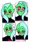 &lt;3 2016 alien alien_humanoid artist_name blush bodily_fluids clothed clothing cum cum_in_mouth cum_inside dialogue drinking drinking_cum english_text eyebrows eyes_closed female freckles genital_fluids green_body green_skin hair half-closed_eyes hi_res humanoid humanoid_pointy_ears long_hair lord_dominator motion_lines narrowed_eyes noseless painappuru-peep parody pink_sclera smile solo speech_bubble teeth text wander_over_yonder white_hair