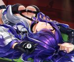  1girl 8-ball acheron_(honkai:_star_rail) adamosina arms_up ball billiard_ball black_gloves breasts cleavage commentary gloves hair_over_one_eye halterneck highres honkai:_star_rail honkai_(series) large_breasts long_hair looking_at_viewer lying on_back purple_eyes purple_hair single_glove smile solo very_long_hair 