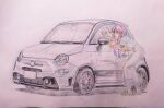  1girl :d abarth aria_(manga) aria_company_uniform blush car cwind dress fiat_500 fiat_500_abarth hair_tubes impossible_clothes impossible_dress leaning_forward long_dress mizunashi_akari motor_vehicle open_mouth pink_hair reflection sailor_collar short_hair_with_long_locks short_sleeves simple_background smile solo traditional_media vehicle_focus white_dress white_footwear 