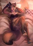  anthro bed blue_eyes blue_pawpads bra canine claws clothed clothing dipstick_tail eri-yo female hands_behind_head legwear lingerie looking_at_viewer mammal multicolored_tail on_bed pawpads pillow solo thigh_highs toe_claws underwear 