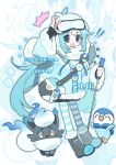  absurdres badge blue_eyes blue_hair copyright_request highres ice ice_cube light_blush long_sleeves pantyhose piplup poke_ball pokemon_(creature) slwii2 smile striped_clothes striped_pantyhose winter_clothes 