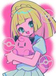  bag blonde_hair braid dress duffel_bag green_eyes highres lillie_(pokemon) looking_at_viewer menma_(enaic31) pink_background pokemon pokemon_sm sleeveless sleeveless_dress white_dress 