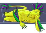 anthro bedroom_eyes couatl feathered_snake feathers feet forked_tongue hi_res itzal_eguzkia iudicium86 looking_at_viewer lounging lying male narrowed_eyes on_side reptile scalie seductive snake solo striped_body stripes tail talons toes tongue