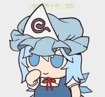  1girl azumanga_daioh blue_dress blue_eyes blue_hair blue_headwear borrowed_accessory chibi chibi_inset cirno closed_mouth commentary dress english_commentary fairy_wings fumo_(doll) grey_background hand_to_own_mouth hand_up hat ice ice_wings looking_at_viewer mob_cap neck_ribbon red_ribbon ribbon saigyouji_yuyuko short_hair simple_background skullchimes smile solo touhou triangular_headpiece upper_body wings 