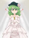  1girl bridal_veil closed_mouth commentary commission dress elbow_gloves english_commentary flat_cap flower gloves green_eyes green_hair grey_background hat hat_flower heart highres keb00b key looking_at_viewer medium_hair pixiv_commission simple_background smile solo tearing_up touhou veil wedding_dress white_dress white_gloves yamashiro_takane 