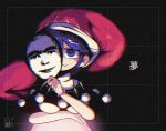  1girl black_background blue_eyes blue_hair breasts closed_mouth commentary doremy_sweet dushiido english_commentary hat highres mask nightcap pom_pom_(clothes) red_hat short_hair simple_background solo this_man touhou upper_body 