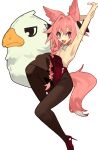  1boy absurdres animal_ears armpits astolfo_(fate) bird black_thighhighs braid fang fate_(series) fox_boy fox_ears fox_tail ghost_(tama) high_heels highres long_hair male_focus open_mouth otoko_no_ko pink_hair playboy_bunny purple_eyes simple_background single_braid skin_fang solo stretching tail thighhighs white_background 