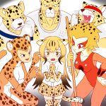  3girls absurdres apollo_(cheetahmen) aries_(cheetahmen) bangs bare_arms bare_shoulders black_eyes breasts brown_hair cheetah_(dc) cheetah_(kemono_friends) cheetah_boy cheetah_ears cheetah_girl cheetah_print cheetah_tail cheetahmen cheetara claw_pose claws cleavage closed_mouth collarbone collared_shirt commentary covered_nipples crossover dc_comics dress_shirt elbow_gloves english_commentary fangs flying_sweatdrops frown furrowed_eyebrows furry gloves gradient_hair hand_on_hip headband hercules_(cheetahmen) highres kemono_friends large_breasts leotard long_hair looking_at_viewer miniskirt multicolored_hair multiple_boys multiple_crossover multiple_girls muscle necktie open_mouth orange_hair orange_leotard own_hands_together pleated_skirt polearm print_gloves print_legwear print_neckwear print_skirt red_eyes roger_i.s. scared shirt short_hair short_sleeves skirt spotted_hair streaked_hair surrounded sweat thighhighs thundercats trait_connection two-tone_hair very_long_hair wavy_mouth weapon whiskers white_shirt wing_collar zettai_ryouiki 