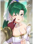  alternate_costume bangs bare_shoulders blush breasts bridal_veil brown_gloves cheek_poking choker cleavage collarbone detached_collar detached_sleeves dress earrings eyebrows_visible_through_hair finger_to_cheek fire_emblem fire_emblem:_rekka_no_ken fire_emblem_heroes gloves gold_trim green_eyes green_hair high_ponytail jewelry large_breasts long_hair looking_at_viewer lyndis_(fire_emblem) necklace one_eye_closed open_mouth ormille out_of_frame poking ponytail pov pov_hands robe solo_focus strapless strapless_dress summoner_(fire_emblem_heroes) veil wedding wedding_dress white_dress wide_sleeves 