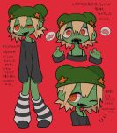  1girl @_@ animal_ear_headwear bare_shoulders blonde_hair collarbone colored_skin drooling fangs flying_sweatdrops green_headwear green_skin grey_footwear grey_leg_warmers grey_shirt hair_between_eyes hat_ornament highres iiiichimaru_03 leg_warmers one_eye_closed open_mouth original outstretched_arms red_background reference_sheet sharp_teeth shirt short_hair sidelocks simple_background spoken_object star_(symbol) star_hat_ornament striped_leg_warmers teeth translation_request white_leg_warmers zombie zombie_pose 