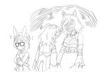  3girls anger_vein animal_ears beret blank_eyes braid commentary crown_braid ear_covers flying_sweatdrops fukuro_(maruaru00) glasses greyscale hat highres hishi_miracle_(umamusume) horse_ears horse_girl horse_tail long_hair medium_hair monochrome multiple_girls opaque_glasses rivals short_hair side_braid sketch stare_down tail tail_through_clothes tap_dance_city_(umamusume) umamusume v-shaped_eyes zenno_rob_roy_(umamusume) 