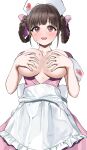  1girl absurdres apron armband blush braided_hair_rings breasts brown_hair collarbone commentary covering_breasts covering_privates dress hat heart heart_print highres idolmaster idolmaster_shiny_colors large_breasts looking_at_viewer nervous_smile nurse nurse_cap open_clothes open_dress pdal_(pdalhhh) pink_dress red_eyes short_sleeves sidelocks simple_background smile solo sonoda_chiyoko sweat white_apron white_armband white_background 