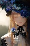  1girl absurdres arknights ascot black_bow black_bowtie black_headwear black_ribbon blonde_hair blue_flower bow bowtie choker closed_eyes closed_mouth commentary earrings facing_viewer flower flower_request hair_flower hair_ornament hat hat_flower highres horns jewelry lemtun long_hair nightingale_(an_elegy)_(arknights) nightingale_(arknights) official_alternate_costume ribbon ribbon_choker sidelocks solo upper_body white_ascot 