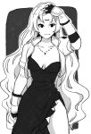  1girl artist_request breasts closed_mouth dress fingerless_gloves gloves greyscale highres jacket jewelry long_hair looking_at_viewer monochrome necklace opera_vectra smile solo star_ocean star_ocean_the_second_story third_eye 