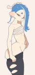  1girl ass blue_hair breasts cephalopod_eyes chest_sarashi clothes_pull earrings hachimaki headband highres jewelry looking_at_viewer multiple_earrings navel nejiri_hachimaki pants pants_pull sarashi shiver_(splatoon) short_eyebrows small_breasts splatoon_(series) splatoon_3 standing suction_cups tentacle_hair tooth_earrings white_background yuta_agc 