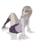  1girl :d akamatsu_kaede blonde_hair brown_footwear danganronpa_(series) danganronpa_v3:_killing_harmony from_side hair_ornament highres kneehighs long_hair long_sleeves miniskirt musical_note musical_note_hair_ornament oji_~yo paper pink_eyes pink_sweater_vest pleated_skirt purple_skirt shirt simple_background skirt smile socks solo sweater_vest white_background white_shirt 