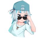  absurdres angry baseball_cap blue_eyes blue_hair disappointed gawr_gura grey_hair hat highres hololive hololive_english jewelry looking_to_the_side necklace sunglasses 