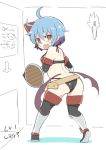  ahoge armor ass bat_wings belt bikini_armor blue_hair blush bow character_name commentary_request directional_arrow elbow_gloves fang from_behind full_body gloves hair_bow looking_at_viewer looking_back low_wings open_mouth red_bow red_eyes remilia_scarlet shield short_hair solo standing sweatdrop thighhighs torch touhou tsukigi v-shaped_eyebrows wings 