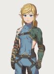 blonde_hair blue_eyes clothing elf foxvulpine hair humanoid humanoid_pointy_ears hylian light_body light_skin link looking_at_viewer male nintendo not_furry simple_background solo the_legend_of_zelda