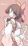  1girl absurdres artist_name bare_shoulders blush bow brown_background brown_hair character_name detached_sleeves gohei hair_bow hair_tubes hakurei_reimu highres holding holding_gohei japanese_clothes long_hair looking_at_viewer morino_hon nontraditional_miko open_mouth red_bow red_eyes red_skirt ribbon-trimmed_sleeves ribbon_trim sidelocks signature simple_background skirt smile solo touhou white_sleeves wide_sleeves 