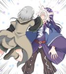  2others androgynous ascot belt black_shirt black_shorts blue_capelet brown_coat brown_footwear brown_pants capelet clause_(len&#039;en) coat collared_shirt commentary_request emphasis_lines green_trim grey_hair highres houlen_yabusame in_the_face layered_sleeves len&#039;en long_hair long_sleeves motion_blur multiple_others other_focus ougi_hina pants pie_in_face pink_shirt puffy_short_sleeves puffy_sleeves purple_coat purple_hair red_belt shirt short_hair short_over_long_sleeves short_sleeves shorts white_ascot white_trim wide_sleeves 