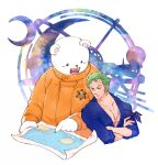  2boys bandana_around_arm bear bepo chabo_(niwatori_bosori) crossed_arms green_hair highres japanese_clothes jumpsuit kimono looking_at_map looking_down male_focus map multiple_boys one_eye_closed one_piece orange_jumpsuit roronoa_zoro scar scar_across_eye scar_on_chest short_hair smile v-shaped_eyebrows 