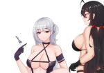  2girls absurdres azur_lane bare_shoulders bikini black_bikini black_gloves black_hair blue_eyes blush bow breasts center_opening chuer_722 cleavage commentary_request from_side gloves hair_bow hand_up highres key large_breasts long_hair looking_at_another mole mole_under_eye multiple_girls red_bow red_eyes shoukaku_(azur_lane) shoukaku_(sororal_wings)_(azur_lane) swimsuit taihou_(azur_lane) twintails upper_body very_long_hair white_hair 