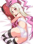  1girl bed_sheet black_thighhighs body_pillow bra closed_mouth commentary cougar_(cougar1404) dragon:_marked_for_death from_above frown grey_hair hat hugging_object long_hair looking_at_viewer lying on_bed on_side panties pillow pillow_hug pink_headwear red_eyes solo striped_clothes striped_thighhighs thighhighs underwear underwear_only white_bra white_panties witch_(dmfd) 