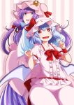  2girls bat_wings blue_bow blue_hair blunt_bangs bow bowtie commentary_request cowboy_shot crescent crescent_hat_ornament dress drop_shadow eichi_yuu fang frilled_wrist_cuffs frills hair_bow hat hat_ornament hat_ribbon highres light_blue_hair long_hair mob_cap multiple_girls open_mouth patchouli_knowledge pink_dress pointy_ears purple_eyes red_bow red_bowtie red_eyes red_ribbon remilia_scarlet ribbon robe short_hair short_sleeves simple_background single_wrist_cuff smile striped_clothes striped_dress touhou vertical-striped_clothes vertical-striped_dress white_background wings wrist_cuffs 