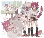  2boys adam_(ensemble_stars!) aged_down angry animal_collar animal_ears bandaged_leg bandaged_tail bandages bell black_socks bleeding blood blood_on_clothes blood_on_hands blood_splatter blue_eyes blue_ribbon blue_sky boots bowl brown_shorts bruise bug bush butterfly collar collared_shirt dog_ears dog_tail ensemble_stars! entangled fangs full_body furrowed_brow gauze green_collar grey_hair hair_between_eyes highres injury kemonomimi_mode knee_boots kneehighs leash long_hair long_sleeves looking_at_viewer low_ponytail male_focus meremero multiple_boys multiple_views muzzle neck_bell neck_ribbon one_eye_closed open_mouth pet_bowl pet_food puff_of_air puffy_long_sleeves puffy_sleeves pushing_away ran_nagisa red_collar ribbon saegusa_ibara scowl scratches shirt short_hair shorts sky socks standing tail tears teeth torn_clothes upper_body walking white_shirt 