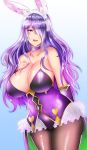  :d animal_ears bare_shoulders breasts bunny_ears camilla_(fire_emblem_if) choker cleavage fake_animal_ears fire_emblem fire_emblem_heroes fire_emblem_if frilled_choker frills hair_over_one_eye huge_breasts kuuki_(rakam) leotard long_hair open_mouth pantyhose purple_choker purple_eyes purple_hair smile solo wavy_hair 