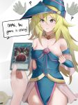  1girl 1other ? bare_shoulders blonde_hair blue_dress blue_headwear blurry brain_control_(yu-gi-oh!) breasts card clothes_pull collarbone dark_magician_girl depth_of_field dress dress_pull drooling duel_monster empty_eyes english_text eroborne grey_eyes hat highres holding holding_card hypnosis jewelry large_breasts long_hair looking_at_another mind_control neck_ring parted_lips pelvic_curtain pentagram pulled_by_self saliva solo_focus speech_bubble very_long_hair wavy_hair wizard_hat yu-gi-oh! 