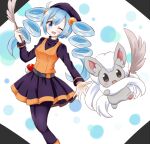  1girl ;d ace_trainer_(pokemon) black_pantyhose black_shirt black_skirt blue_eyes blue_hair blush cinccino drill_hair feathers hachimi holding holding_feather long_hair long_sleeves looking_at_viewer one_eye_closed open_mouth orange_shirt pantyhose pleated_skirt poke_ball poke_ball_(basic) pokemon pokemon_(creature) pokemon_bw shirt shirt_under_shirt skirt smile twin_drills waist_poke_ball 