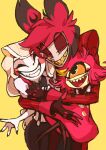  1boy 2girls alastor_(hazbin_hotel) black_eyes blonde_hair carrying carrying_person charlie_morningstar clenched_teeth closed_eyes colored_sclera commentary_request dress gabapabicchi grin hazbin_hotel hug hug_from_behind long_hair multiple_girls niffty_(hazbin_hotel) one-eyed red_eyes red_hair sharp_teeth short_hair simple_background smile teeth yellow_background yellow_sclera 