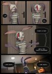 anthro blue_eyes clothing door female fur gesture hair hi_res june_vault lagomorph lamp leporid mammal pattern_clothing purple_body purple_fur rabbit shirt shrug solo striped_clothing striped_sins stripes t-shirt thinking topwear white_hair willitfit