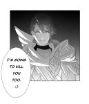  1boy alfonse_(fire_emblem) emblem english_text evil_grin evil_smile fire_emblem fire_emblem_heroes gradient_background greyscale grin hair_between_eyes long_sleeves looking_at_viewer monochrome pomelomelon short_hair simple_background smile solo uniform upper_body 