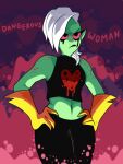 2016 alien alien_humanoid bdugo7 bottomwear breasts clothed clothing disney english_text eyebrows female fingers freckles gloves green_body green_skin hair half-length_portrait hands_on_own_hips handwear humanoid humanoid_pointy_ears lord_dominator midriff navel noseless not_furry pink_sclera portrait sleeveless solo standing text topwear wander_over_yonder white_hair