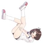  1girl aa211108 antenna_hair black_shorts blush breasts brown_eyes brown_hair dot_nose from_side gym_shirt gym_shorts hidaka_ai holding_own_foot idolmaster idolmaster_dearly_stars legs_up lying name_tag on_back open_mouth red_footwear shirt shoe_soles shoes short_hair short_sleeves shorts simple_background small_breasts smile socks solo uwabaki white_background white_shirt white_socks 
