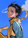  1boy absurdres arms_at_sides black_hair blue_sky cloud cloudy_sky commentary floating_scarf grey_eyes hair_slicked_back highres joowon_(jju_oon) looking_at_viewer looking_back male_focus mochizuki_ryouji mole mole_under_eye parted_lips persona persona_3 scarf shirt short_hair sky solo upper_body white_shirt yellow_scarf 