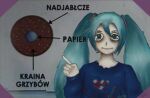  1girl agatka_(kraina_grzybow) agatka_(kraina_grzybow)_(cosplay) aqua_eyes aqua_hair artist_name blue_shirt closed_mouth commentary cosplay crimson2000 english_commentary floral_print hair_between_eyes hand_up hatsune_miku horror_(theme) kraina_grzybow long_hair pointing polish_text print_shirt shirt smile solo translated twintails upper_body vhs_artifacts vocaloid 