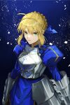 1girl ahoge armor armored_dress artoria_pendragon_(fate) blonde_hair blue_background blue_bow blue_dress bow braid breastplate closed_mouth dress fate/stay_night fate_(series) faulds green_eyes hair_bow highres juliet_sleeves long_sleeves looking_at_viewer puffy_sleeves rerebrace saber_(fate) serious short_hair sidelocks simple_background solo umeboitarou upper_body vambraces 