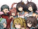  6+girls asagumo_(kancolle) black_hair black_neckerchief blue_hair brown_hair brown_sailor_collar cheek_poking double_bun fusou_(kancolle) green_hairband grey_hair hair_bun hairband headgear highres holding_hands japanese_clothes kantai_collection long_hair michishio_(kancolle) mogami_(kancolle) multiple_girls neckerchief poking red_eyes sailor_collar school_uniform serafuku shigure_(kancolle) shigure_kai_ni_(kancolle) shirt short_hair sleeveless sleeveless_shirt sunday_aki twintails upper_body yamagumo_(kancolle) yamashiro_(kancolle) 