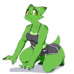  2018 anthro blush breasts claws clothing digital_drawing_(artwork) digital_media_(artwork) eyelashes female green_skin heterochromia lizard looking_back on_ground pururing reptile scalie shorts simple_background smile smirk solo toe_claws wide_hips 