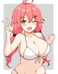  1girl ;d ahoge bare_shoulders bikini blush_stickers breasts cleavage collarbone green_eyes hair_between_eyes hair_ornament hairclip hololive large_breasts long_hair looking_at_viewer low_twintails navel one_eye_closed pixel_art red_hair sakura_miko simple_background smile solo swimsuit twintails virtual_youtuber w white_bikini zou_eita 