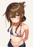  1girl alternate_costume american_flag american_flag_bikini american_flag_print arms_behind_back bikini bikini_under_shorts blush brown_eyes brown_hair commentary_request flag_print flat_chest folded_ponytail grey_background hair_between_eyes inazuma_(kancolle) kantai_collection long_hair looking_at_viewer navel open_clothes open_mouth open_shorts print_swimsuit sawamura_aoi short_shorts shorts solo swimsuit translation_request 