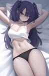  1girl absurdres armpits bed_sheet black_panties blue_archive blush breasts camisole closed_mouth collarbone cowboy_shot highres long_hair looking_at_viewer medium_breasts panties pillow purple_eyes purple_hair solo thighs two_side_up underwear white_camisole yuuka_(blue_archive) zeatto 