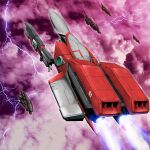  biometal_(game) blue_fire cloud electricity fire gun mecha nou_shiroppu robot spacecraft weapon 