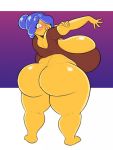  2018 big_breasts big_butt blue_hair blush bottomless breasts butt clothed clothing daredemon7000 dollop_(character) eyelashes female hair hair_over_eye huge_breasts huge_butt huge_thighs hyper lips not_furry overweight overweight_female side_boob solo thick_thighs wide_hips yellow_skin 