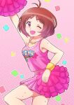  1girl 81_(mellowry) antenna_hair arm_up bare_shoulders breasts brown_eyes brown_hair cheerleader cleavage confetti from_side hidaka_ai holding holding_pom_poms idolmaster idolmaster_dearly_stars jewelry knee_up miniskirt necklace one_eye_closed open_mouth pink_background pink_shirt pink_skirt pleated_skirt polka_dot polka_dot_background pom_pom_(cheerleading) print_shirt shirt short_hair skirt sleeveless sleeveless_shirt small_breasts smile solo star_(symbol) star_necklace sweat yellow_wristband 